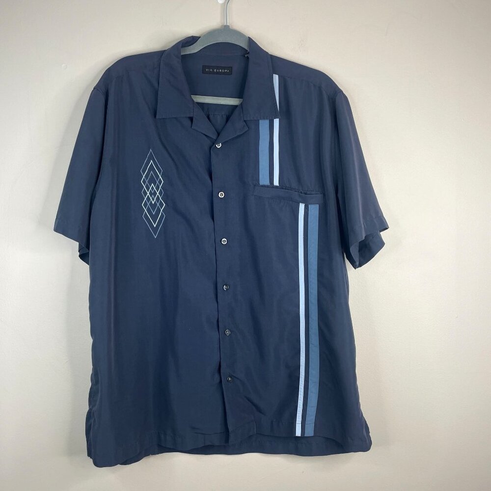 Via Europa‎ Retro Bowling Shirt Mens XLarge Blue Button Up Casual Charlie Sheen